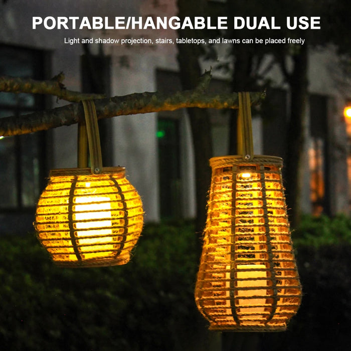 Solar Imitation Rattan Lantern Outdoor Solar Light Hanging Decorative Candle Lights Solar Powered Bamboo Lamp Garden Decoration