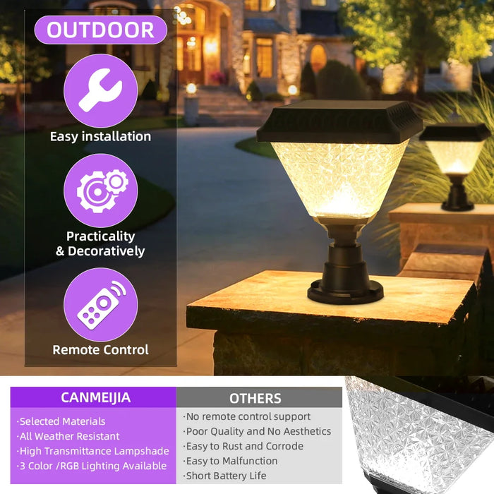 Timed Outdoor Solar Pillar Lights IP65 LED Garden Fence Light Remote Control Dimming RGB Post Lights Auto on/off Street Sunlight