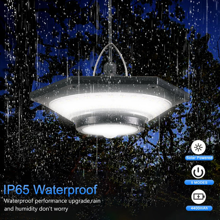 Solar Shed Light Indoor Outdoor 228 LED Pendant Light Motion Sensor with Remote Waterproof 5 Lighting Modes for Barn Gazebo Yard
