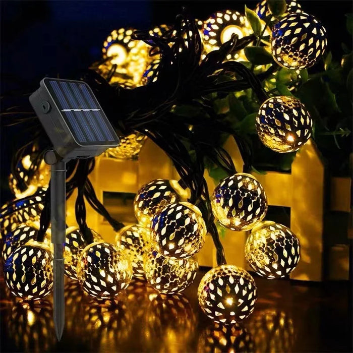 Solar LED String Lights Outdoor Iron Art Moroccan Ball Led String Lamp Gold Ball Silver Iron Round Ball