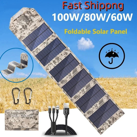 100W/80W/60W Folding Solar Panel USB 5V Solar Charger Portable Solar battery Solar Power Bank for Outdoor Camping Hiking + Cable
