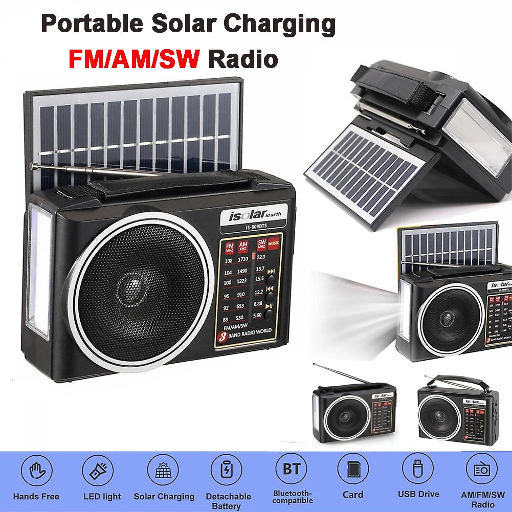 1pc Portable FM/AM/SW Radio Solar Charging Multi Band Emergency Radios Receiver Powerful Bluetooth Speaker with Flashlight USB