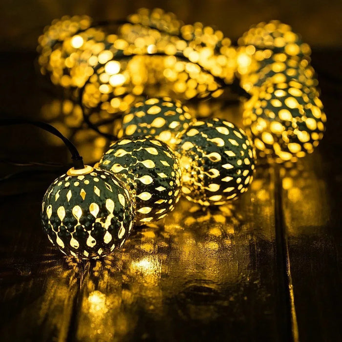 Solar LED String Lights Outdoor Iron Art Moroccan Ball Led String Lamp Gold Ball Silver Iron Round Ball