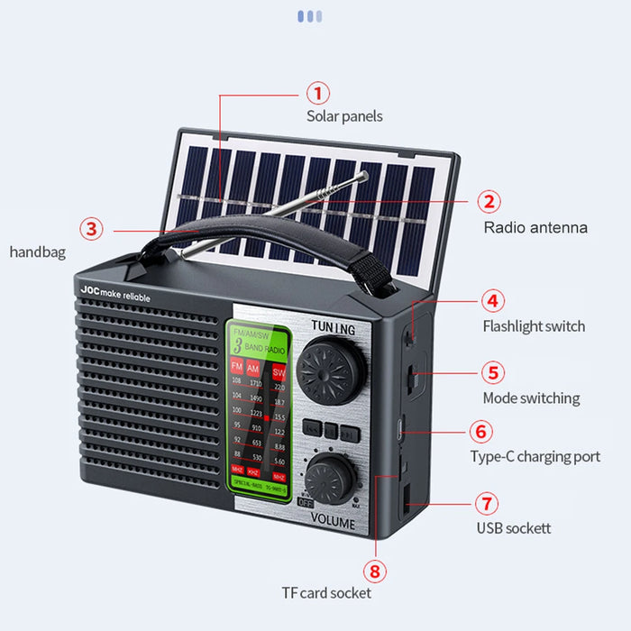 2000mAh Solar Power Radio Portable AM FM SW Weather Radio with LED Flashlight BT Speaker Full Band Radio Outdoor Emergency Radio