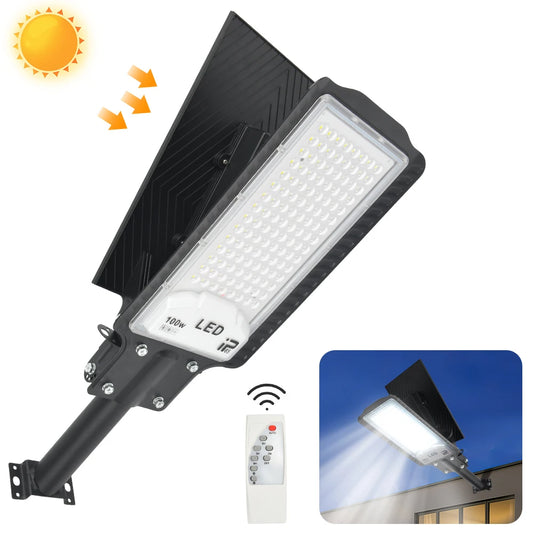 Outdoor Solar Street Lights LED IP65 Waterproof 100W Adjustable With Remote Control 1500LM For Driveway Garden Wall Fence