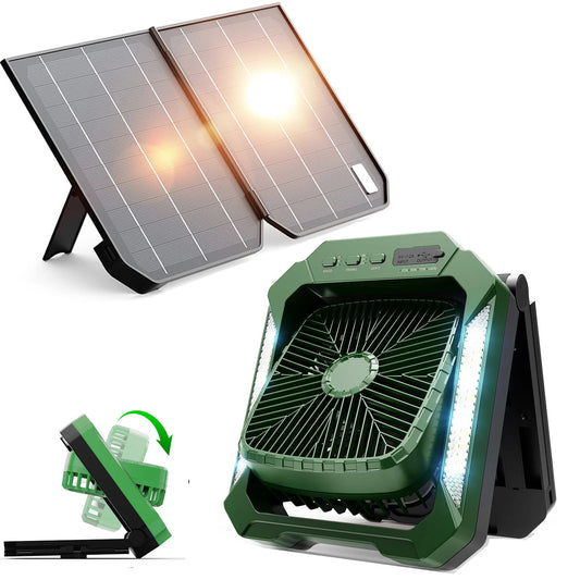 Solar Camping Fan With Foldable&Detachable 18W Solar Panel&20000mAh Rechargeable Battery LED Lantern 3-Speed Silent Timer Hook