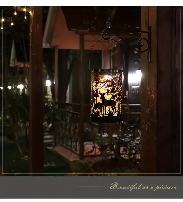 Solar Lantern Deer And Forest Pattern Hollow Projection Light Outdoor Garden Decor Threshold Courtyard Landscape Terrace Lamp