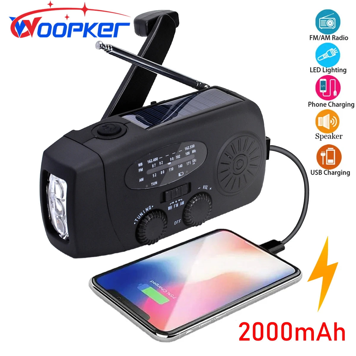 SOS Car Emergency Radio 2000mAh LED Light Large Capacity Hand Powered Solar Rechargeable Portable USB (FM/AM/NOAA) WB Radio