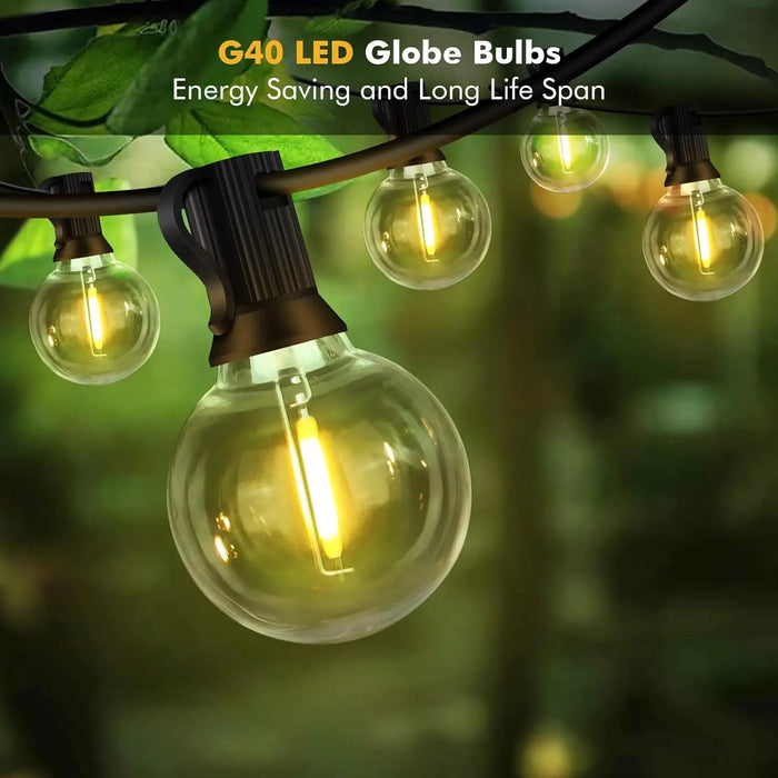 Solar String Lights Outdoor G40 Patio Lights, USB Recharger, 8 Light Modes, Shatterproof Bulbs , Weatherproof Hanging Light