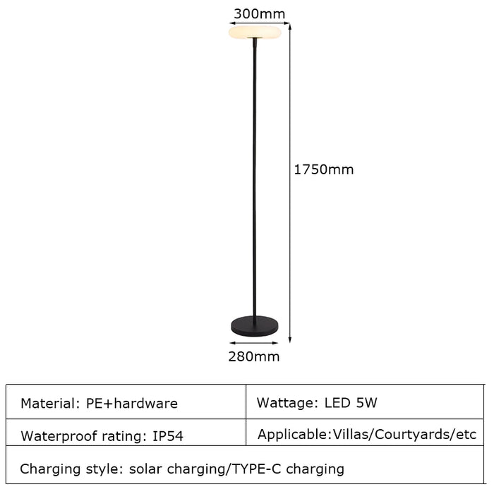 Outdoor Floor Lamp Solar Powered Light 4400 mAh Rechargeable Battery Cordless Light USB-C Charged IP54 Lamp for Lawn Pool Garden
