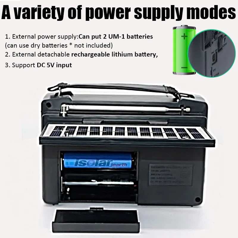 1pc Portable FM/AM/SW Radio Solar Charging Multi Band Emergency Radios Receiver Powerful Bluetooth Speaker with Flashlight USB