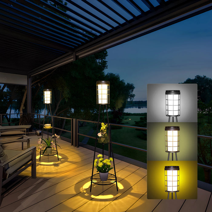 Outdoor Patio Decor Solar Floor Lamp with Plant Stand Waterproof Flower Shelf Solar Lights for Porch Garden Deck Yard