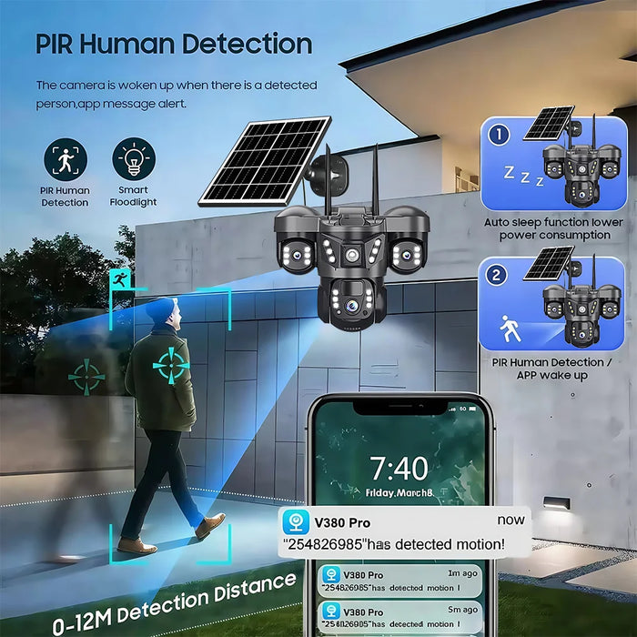 Solar WIFI IP Camera with Battery 15MP Three Lens Three Screen Monitor Night Vision Security Protection PTZ Video Surveillance
