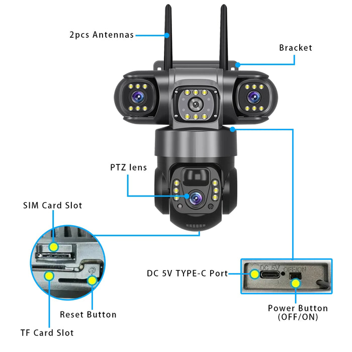 4G Solar Camera Outdoor Triple Lens Triple Screen 6K 12MP Auto Tracking IP Camera CCTV Audio Video PTZ Surveillance WIFI Camera