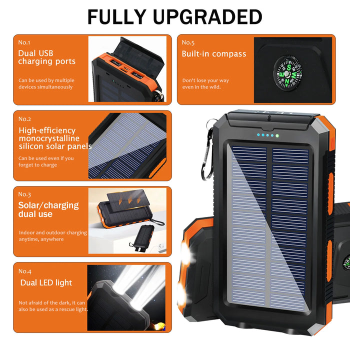 20000mAh Solar Charger for Cell Phone Portable Solar Power Bank Dual 5V USB Ports 2 LED Light Flashlight for Outdoor Camping Hik
