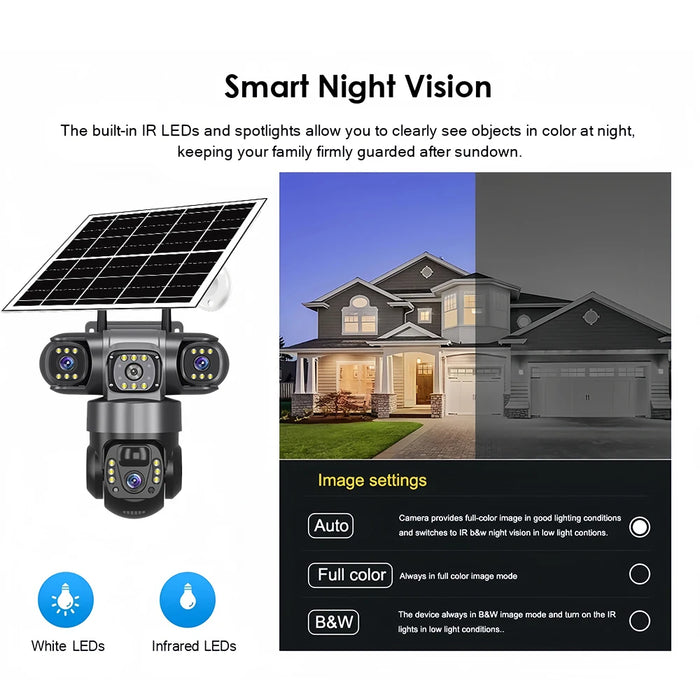 4G Solar Camera Outdoor Triple Lens Triple Screen 6K 12MP Auto Tracking IP Camera CCTV Audio Video PTZ Surveillance WIFI Camera