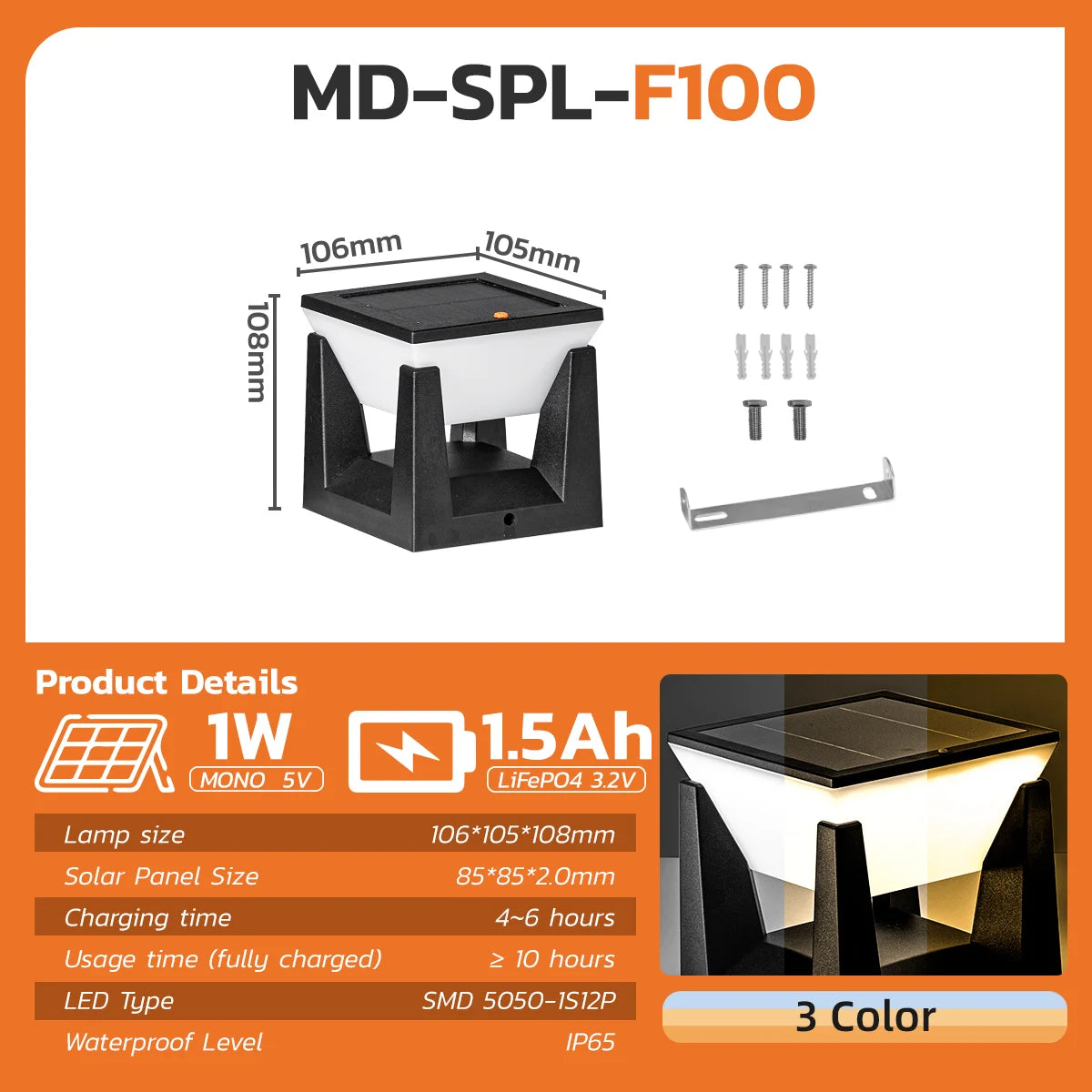 Square Solar Post Light IP65 Waterproof | 3-Color Modes (Yellow/White/Warm) | Outdoor LED Lamp for Garden Yard Pathway Lighting