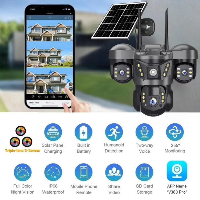 Solar WIFI IP Camera with Battery 15MP Three Lens Three Screen Monitor Night Vision Security Protection PTZ Video Surveillance