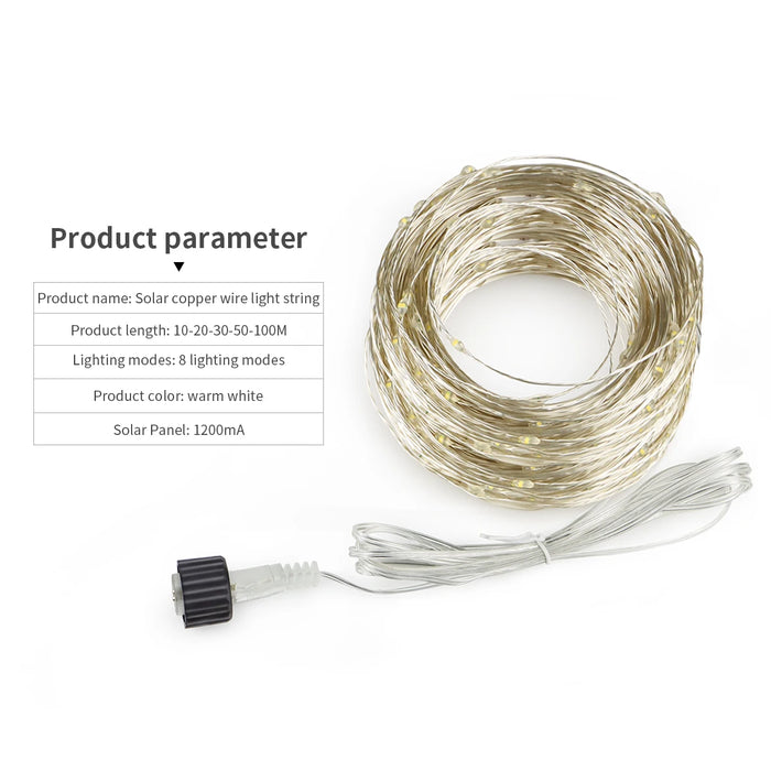 LED String Light With Large Solar Panel 10M-100M 10 LEDs/M Waterproof Warm White/ RGB Fantasy Color For Outdoor Garden Courtyard