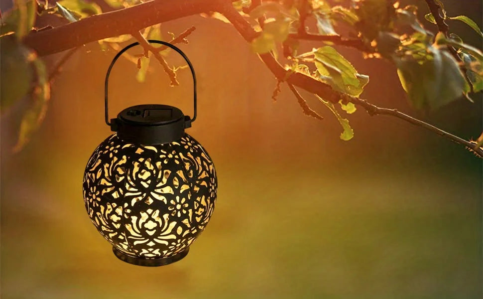 Metallic Solar Lantern Hanging LED Garden Lights Christmas Night Light for Outdoor Patio Lawn Backyard Courtyard Tabletop Decor
