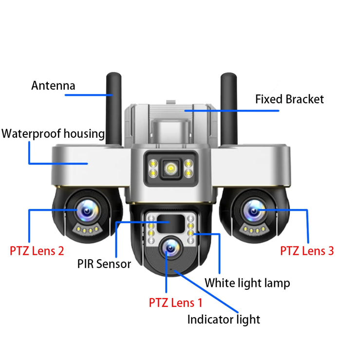 Solar Powered 3-Lens Security Camera with Smart Night Vision, Waterproof & 12MP HD Resolution for Outdoor Surveillance Camera