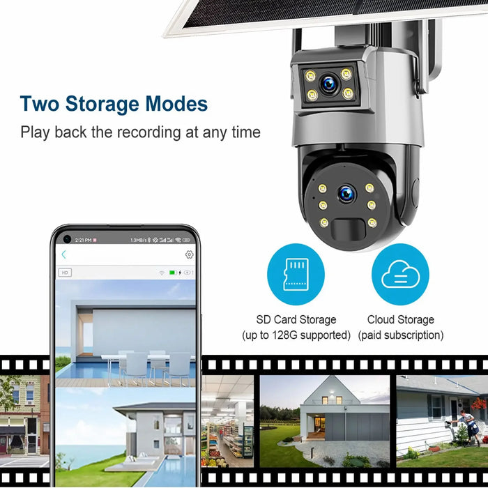 Outdoor Solar Security Camera Lamp Dual Lens 1080P WiFi 4G Alarm 10000mAh PTZ Motion Detect Dual Light Wall Mount