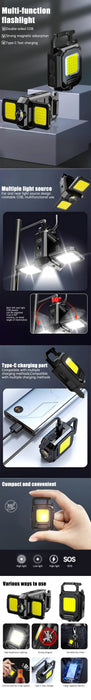 Mini Keychain Light 1000LM COB LED XPE Pocket Work Light USB Rechargeable Flashlight IPX4 Waterproof for Outdoor Camping Hiking