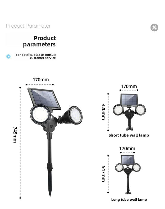Solar spotlights for outdoor courtyard landscapes, dual head ground penetrating trees, human body sensing lawn lights