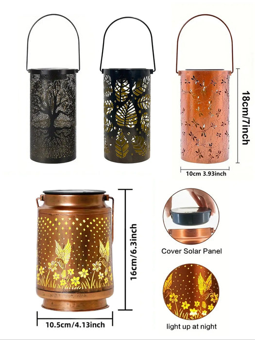 1 solar powered iron lantern, hollow design, suitable for outdoor gardens, terraces, party decorations and holiday gifts