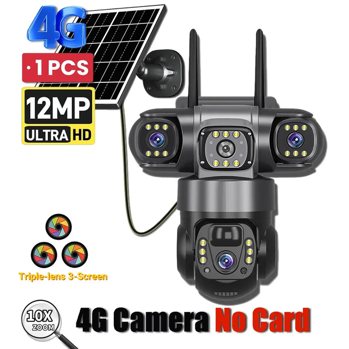 Solar 4G Camera With Sim Card 12MP 6K Three Lens Three Screen Monitor Night Vision Security Protection PTZ Video Surveillance