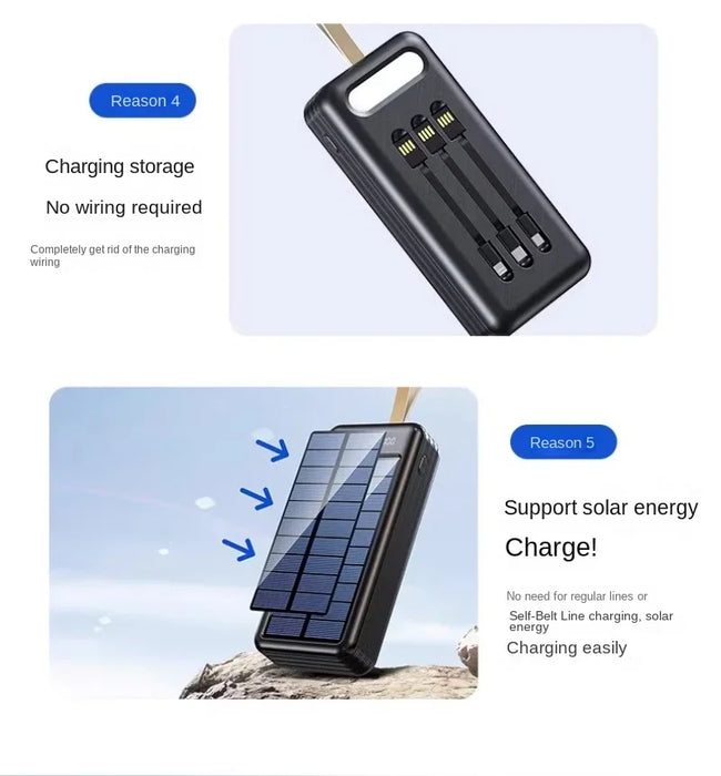 Solar power bank large capacity 100000 mAh fast charging with its own line mobile power supply 80,000 outdoor riding
