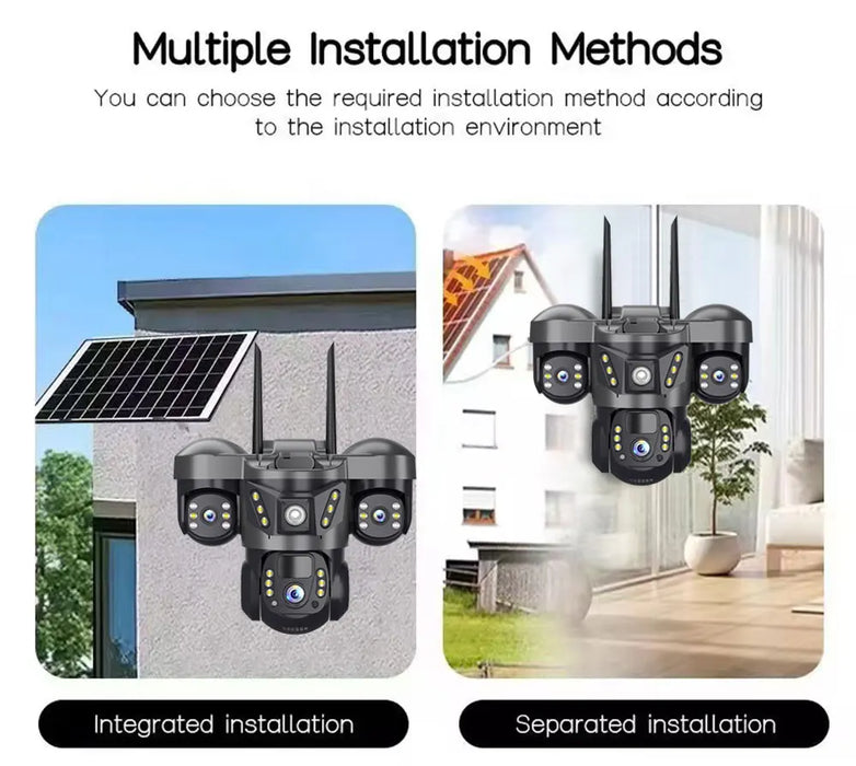 Solar Power 4G Camera With Europe Sim Card Triple Lens Three Screens Outdoor Waterproof Battery CCTV Security V380 Video Camaras