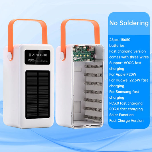 22.5W Fast Charging Mobile Power Supply Kit Solar 28-Cell 18650 Flat-Head Battery Power Bank No Welding, No Battery Included