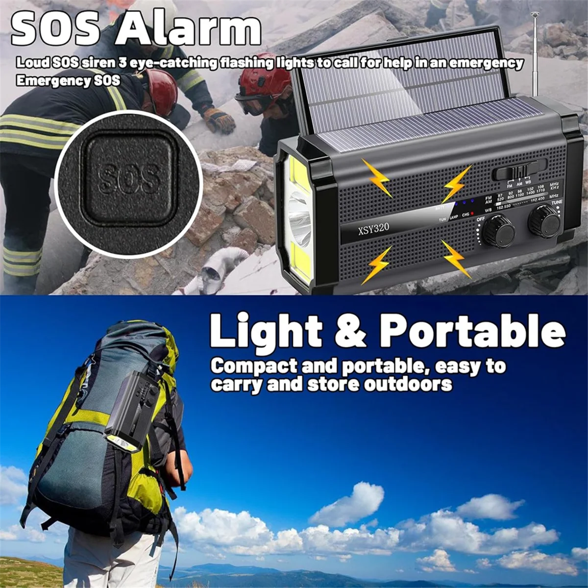 Sale Emergency Weather Radio Hand Crank Solar Radio Portable AM/FM/NOAA Radio with 5 Charging Modes Cell Phone Charger