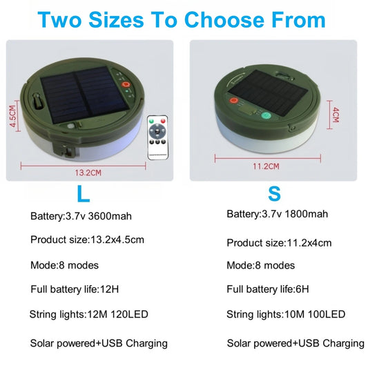 Solar Camping Lamp with String Lights LED Portable Waterproof Tent Lamp with 8 Lighting Modes Hanging Rechargeable Tent Lantern