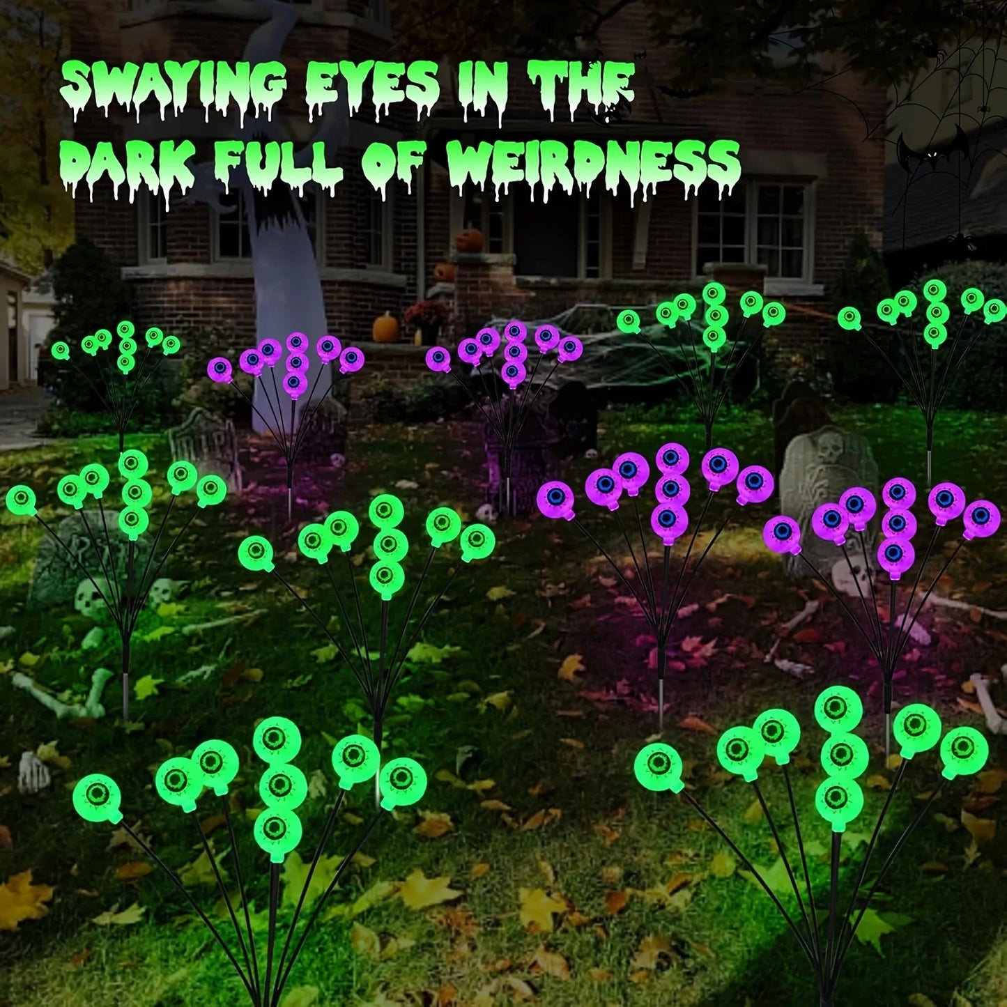 Halloween Outdoor Solar Eyeball Lights-LED Green&Purple Glow, Swinging Firefly Effect,for Creepy Yards, Lawns & Halloween Haunts