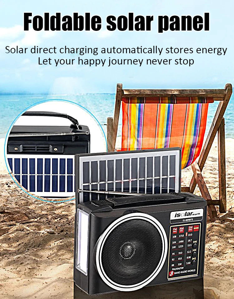 1pc Portable FM/AM/SW Radio Solar Charging Multi Band Emergency Radios Receiver Powerful Bluetooth Speaker with Flashlight USB