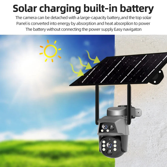 Solar Camera 4G Sim Card Outdoor Dual Lens 8MP 4K IP Camara With Solar Panel CCTV Security Built in Battery PIR Motion Detection