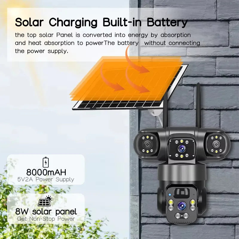 12MP Solar Surveillance Camera Wireless Outdoor 3 Lens Solar IP Camera PIR Color Night Vision Auto Tracking Battery CCTV Camera
