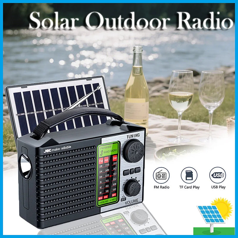 Portable FM AM SW Radio Rechargeable Outdoor Solar Full Band High Sensitivity Radio with LED Illumination and Wireless Speakers