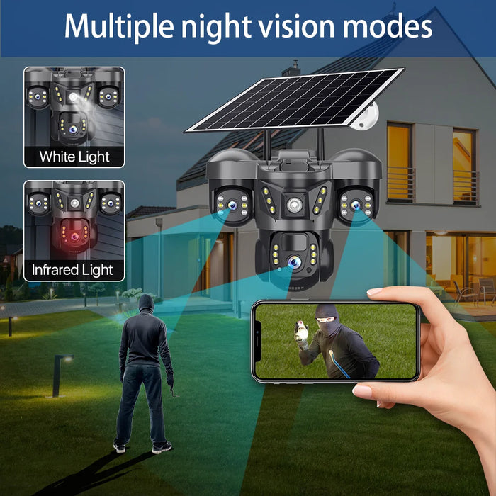 Solar 4G Camera With Sim Card 12MP 6K Three Lens Three Screen Monitor Night Vision Security Protection PTZ Video Surveillance