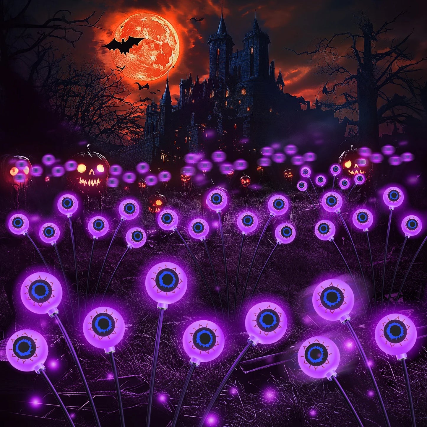 Halloween Outdoor Solar Eyeball Lights-LED Green&Purple Glow, Swinging Firefly Effect,for Creepy Yards, Lawns & Halloween Haunts