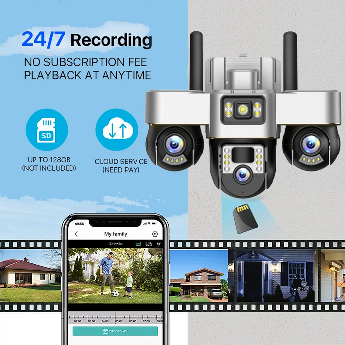 Solar Powered 3-Lens Security Camera with Smart Night Vision, Waterproof & 12MP HD Resolution for Outdoor Surveillance Camera