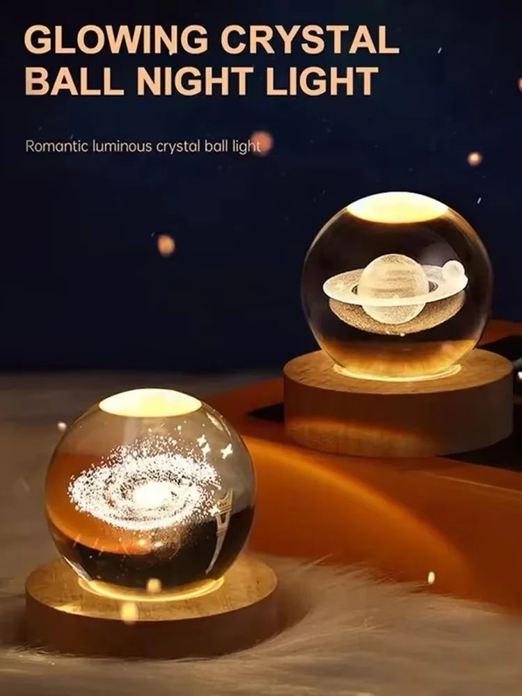 Luminous Crystal Ball LED Night Light Saturn Solar System 3D Moon Table Lamp USB Bedroom Atmosphere Lamp for Birthday Kid Gift