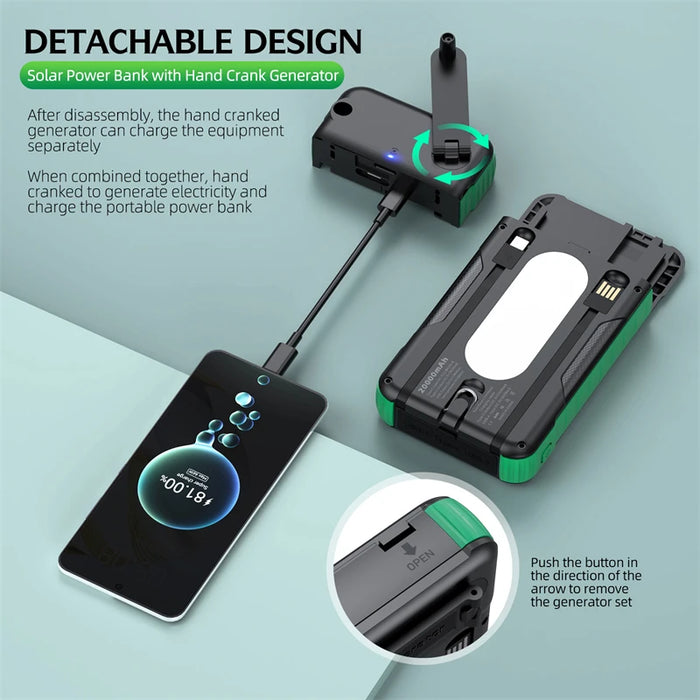 20000mAh Hand Crank Solar Power Bank with Cable Fast Charge Outdoor Portable Powerbank for iPhone Huawei Xiaomi External Battery