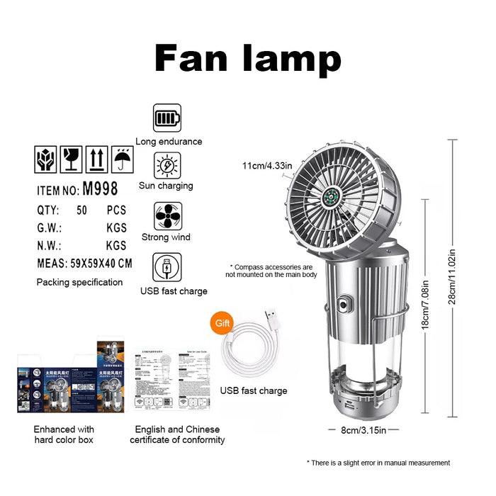 Solar Camping Fan With Lantern Collapsible Solar Powered USB Rechargeable Emergency Hanging Lights for Outdoor Camping Tent