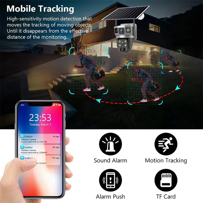 Solar Outdoor Surveillance Camera Dual Lens Triple Monitoring Shots PIR Humanoid Detection Smart Home CCTV WiFi Security Cameras