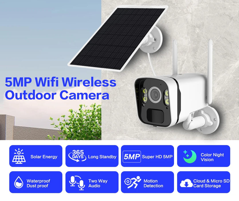 Solar Panel Camera Wifi outdoor HD 5MP 2K 9600mAh Rechargeable Battery PIR Human Detection Audio 100% wire-free Security Camera