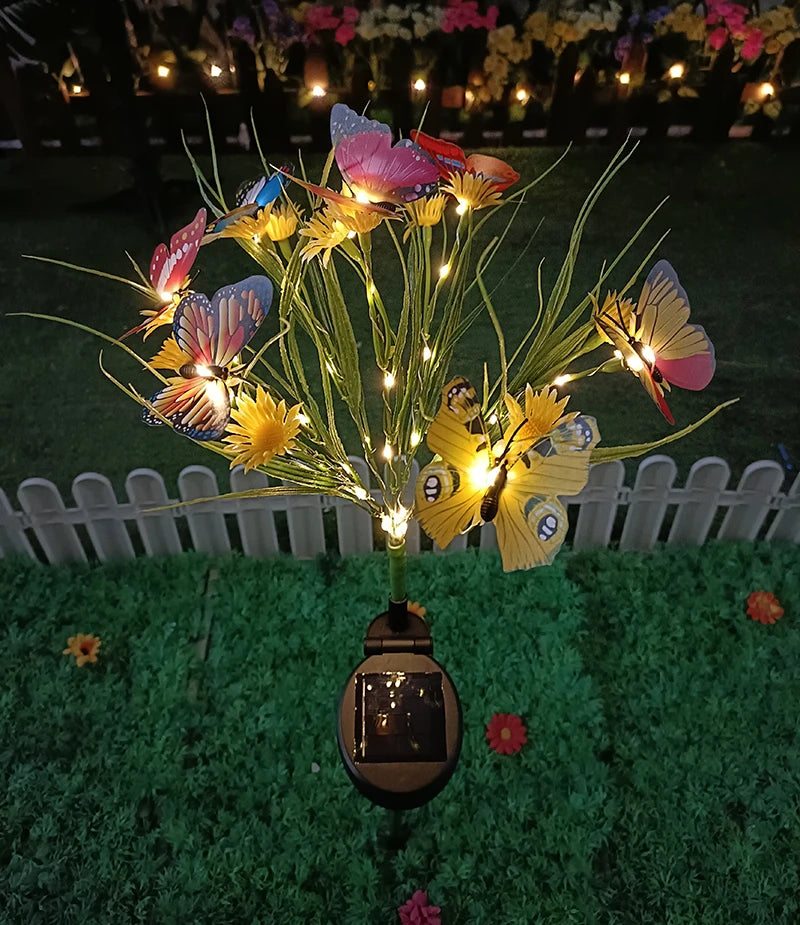 Solar Garden Lights Wild Flower Chrysanthemum Stake Lawn Lamp Waterproof Garden Butterfly  Lamps Yard Art for Home Decoration