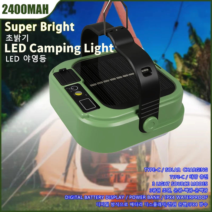 Solar LED Camping Lamp Warm Atmosphere Light 2400MAh USB Rechargeable Portable Hook Tent Lantern Waterproof Emergency Floodlight